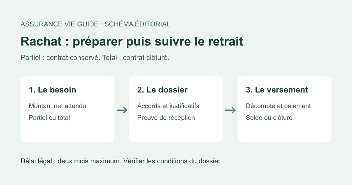 Schéma éditorial : choisir le retrait, préparer le dossier, puis vérifier le versement.
